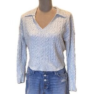 Gray & Blue Speckled V-Neck Cable Knit Sweater Sz‎ S Indie Winter Collegiate